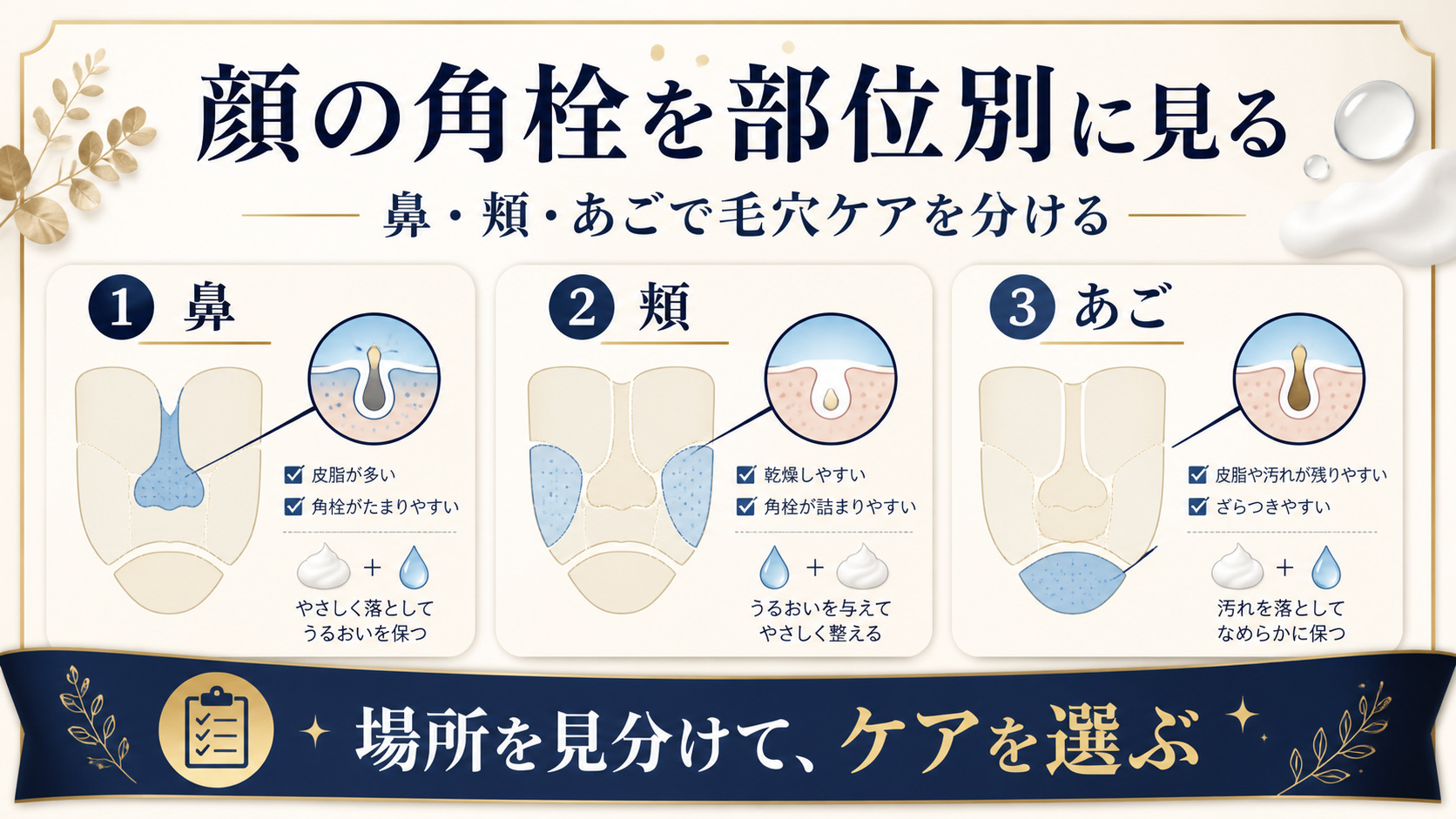 鼻、頬、あごの角栓を部位別に見分けて毛穴ケアを選ぶアイキャッチ