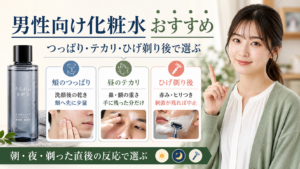 男性向け化粧水おすすめの選び方を示す美容ボード