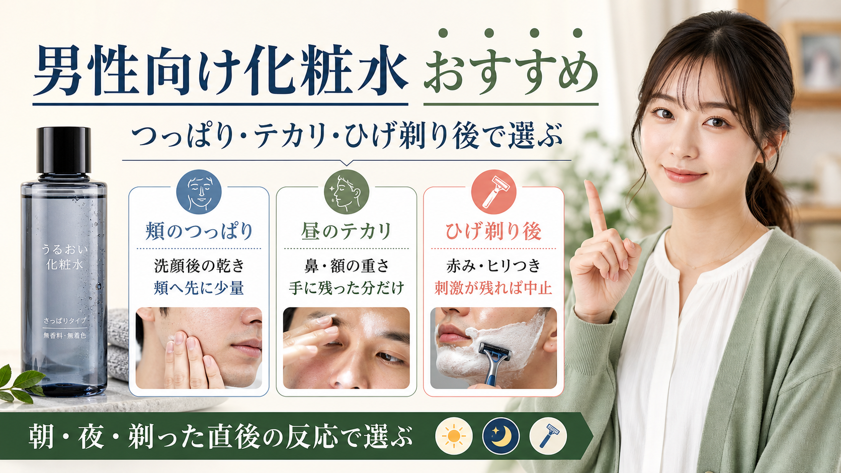 男性向け化粧水おすすめの選び方を示す美容ボード