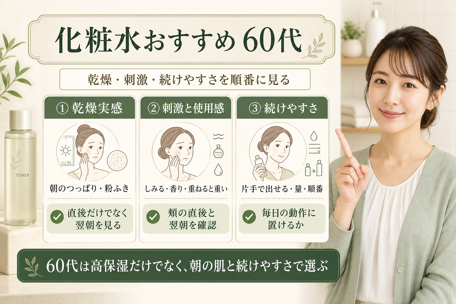 60代の化粧水おすすめを選ぶための乾燥・刺激・続けやすさを示す美容ボード