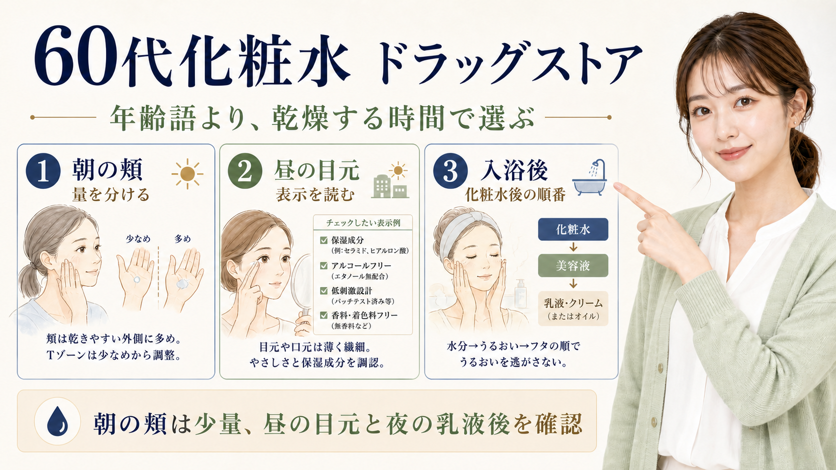 60代化粧水ドラッグストアの選び方を示す美容ボード