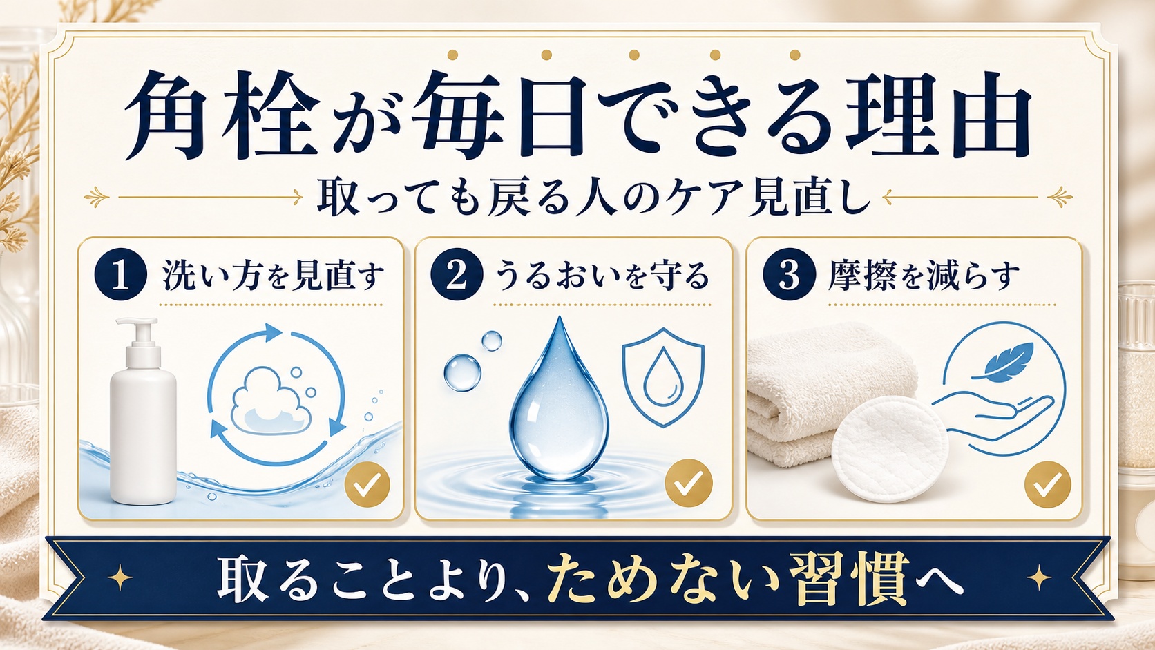 角栓が毎日できる理由を洗い方、保湿、摩擦の3視点で見直すアイキャッチ