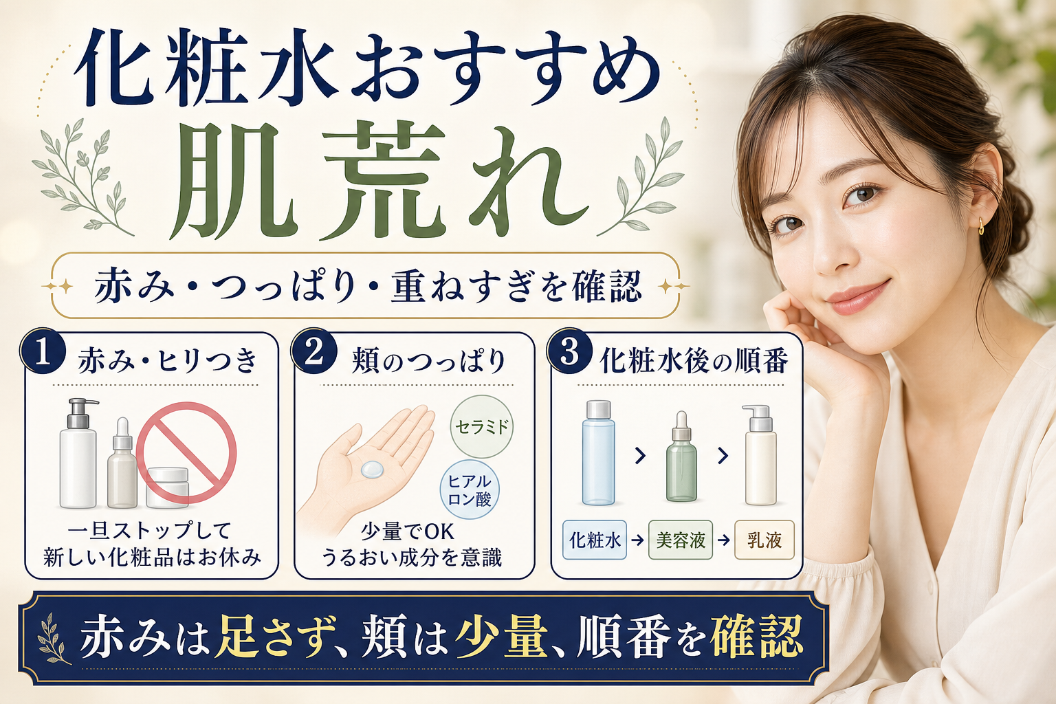 肌荒れが気になるときの化粧水選びを示す美容ボード