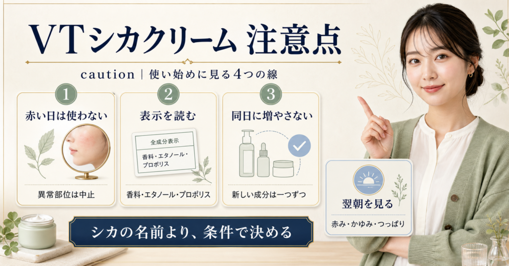 VT CICAクリームの赤みや重ねすぎなど使い始めの注意点を示す美容ボード