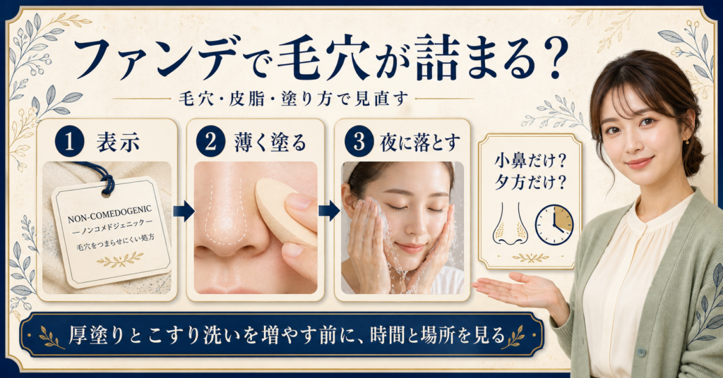 ファンデーションで毛穴が詰まると感じるときの薄塗りと夜の落とし方を示す美容ボード
