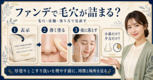 ファンデーションで毛穴が詰まると感じるときの薄塗りと夜の落とし方を示す美容ボード