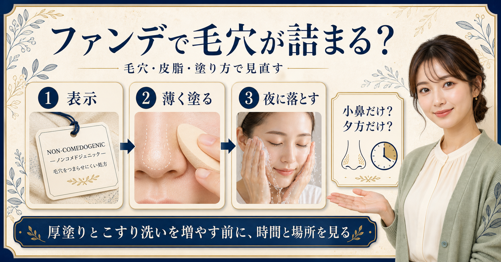 ファンデーションで毛穴が詰まると感じるときの薄塗りと夜の落とし方を示す美容ボード