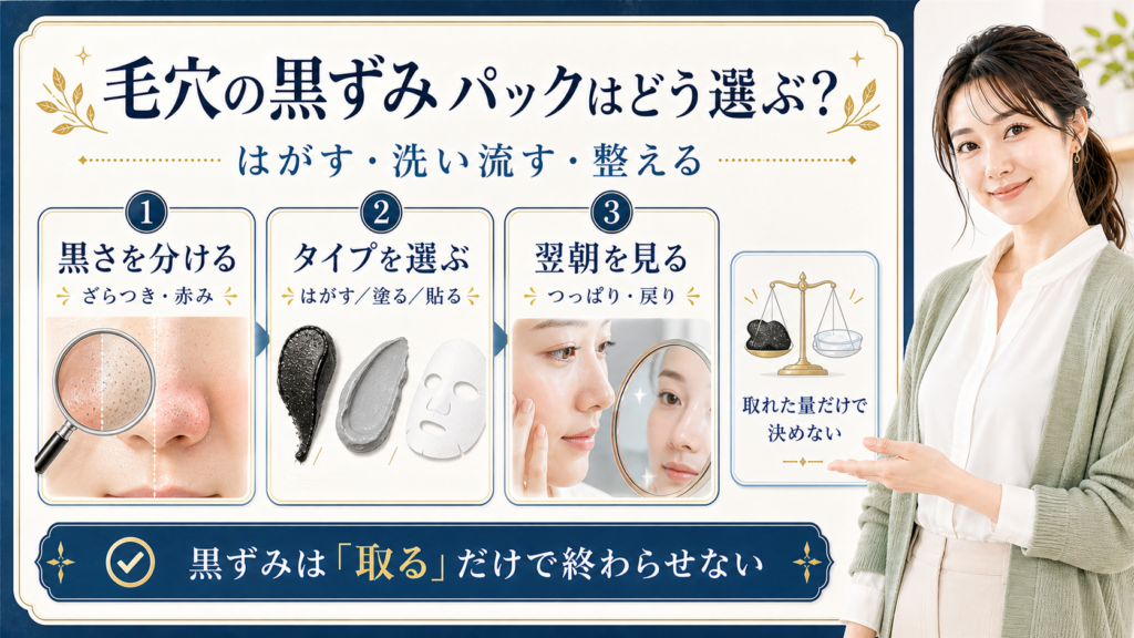 毛穴の黒ずみに使うパックの種類と使用後のケアを示す美容ボード