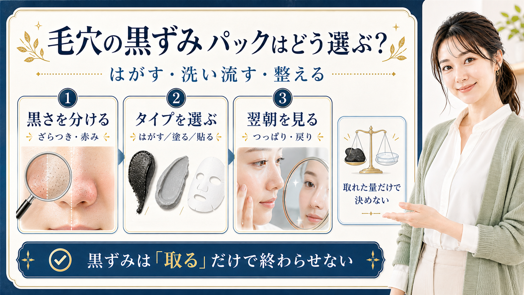毛穴の黒ずみに使うパックの種類と使用後のケアを示す美容ボード