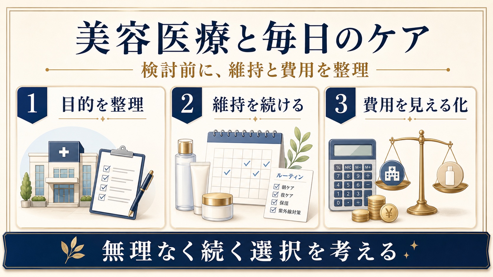 美容医療を検討する前に目的、維持、費用を整理するアイキャッチ