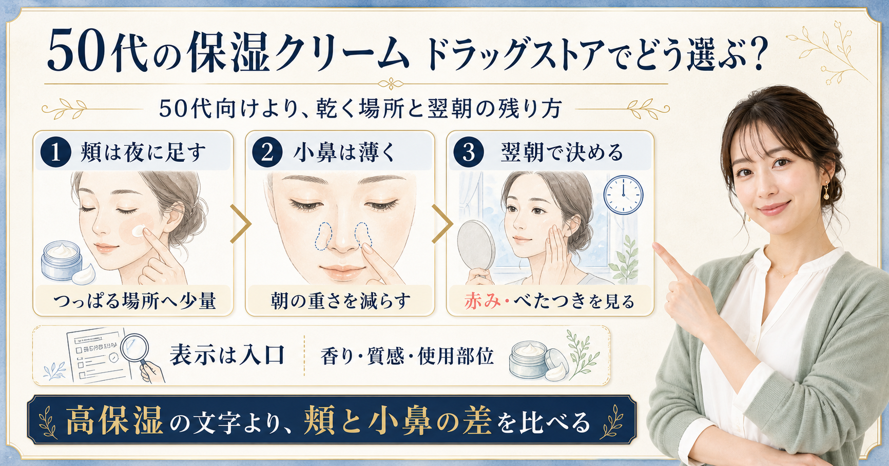 50代がドラッグストアで保湿クリームを選ぶときの頬と小鼻の判断を示す美容ボード