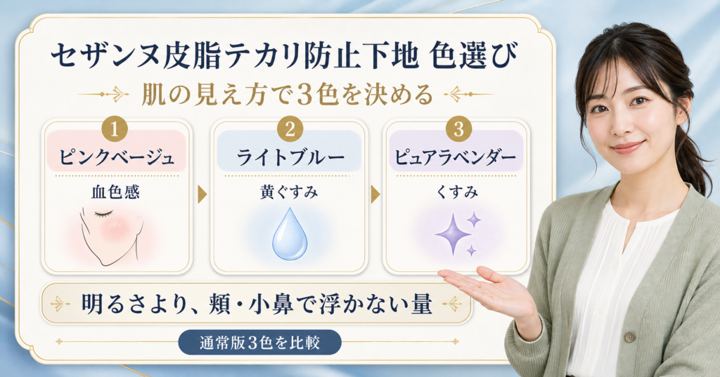 セザンヌ皮脂テカリ防止下地の3色を40代の色ムラ別に選ぶ判断を示す美容ボード