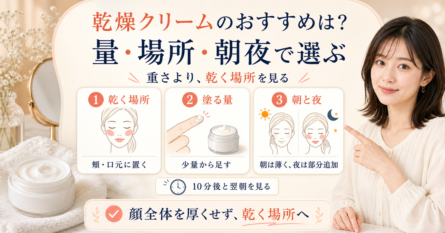 乾燥した肌にクリームを塗る場所・量・朝夜の使い分けを示す美容ボード