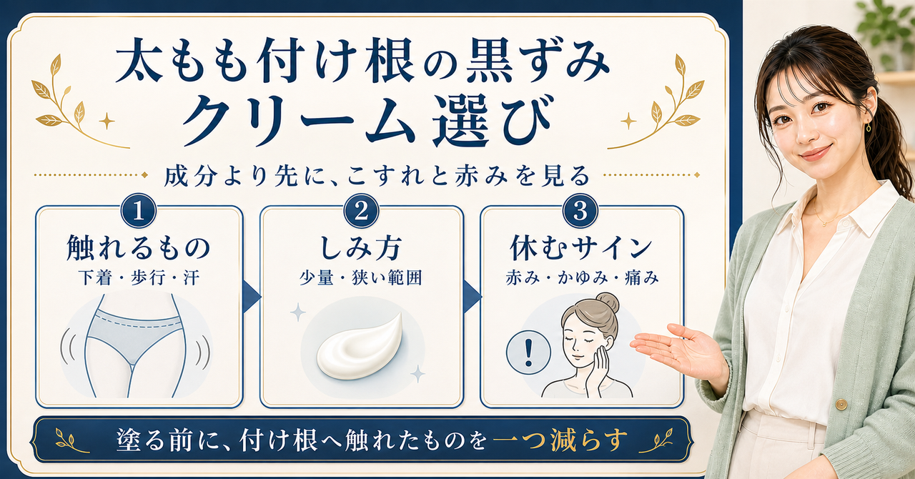太もも付け根の黒ずみにクリームを使う前の摩擦・蒸れ・刺激の確認を示す美容ボード