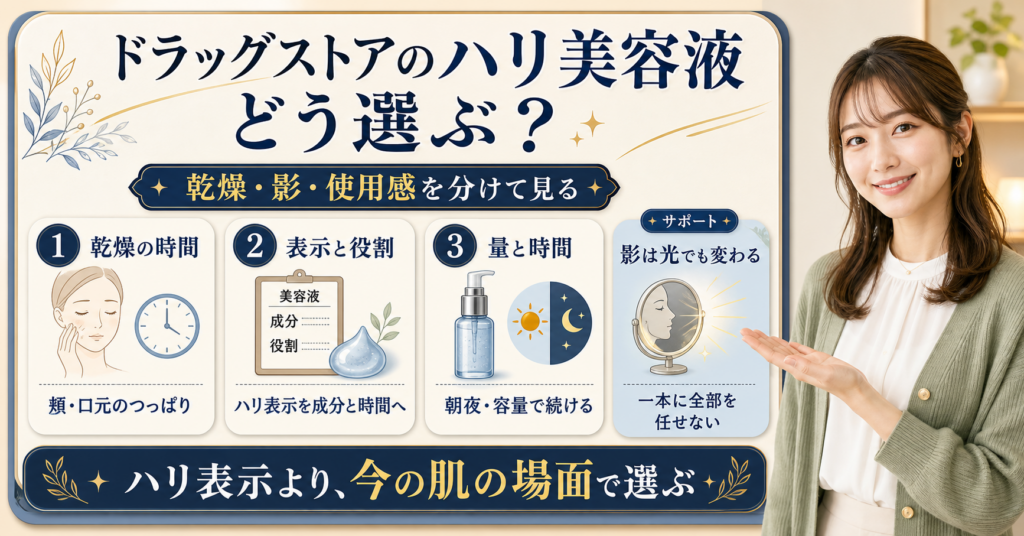 ハリやたるみが気になる人がドラッグストアで美容液を選ぶ表示・量・朝夜の判断を示す美容ボード