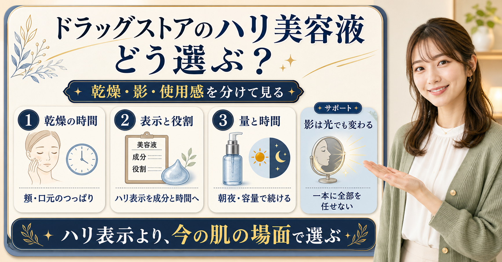 ハリやたるみが気になる人がドラッグストアで美容液を選ぶ表示・量・朝夜の判断を示す美容ボード