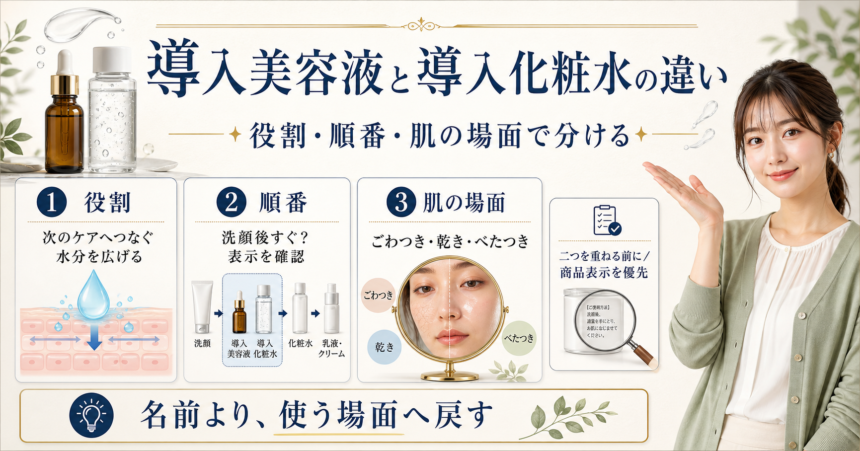 導入美容液と導入化粧水の違いを役割・順番・肌の場面で比べるbeauty board