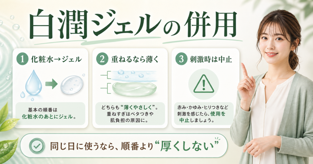 白潤薬用美白ジェルを他のスキンケアと併用する順番と量を示す美容ボード