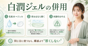 白潤薬用美白ジェルを他のスキンケアと併用する順番と量を示す美容ボード