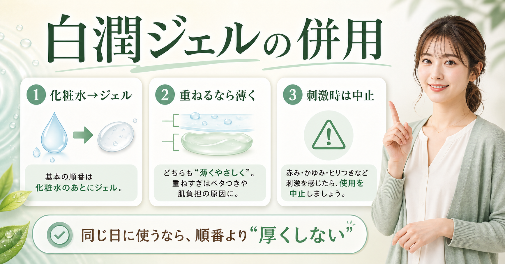 白潤薬用美白ジェルを他のスキンケアと併用する順番と量を示す美容ボード