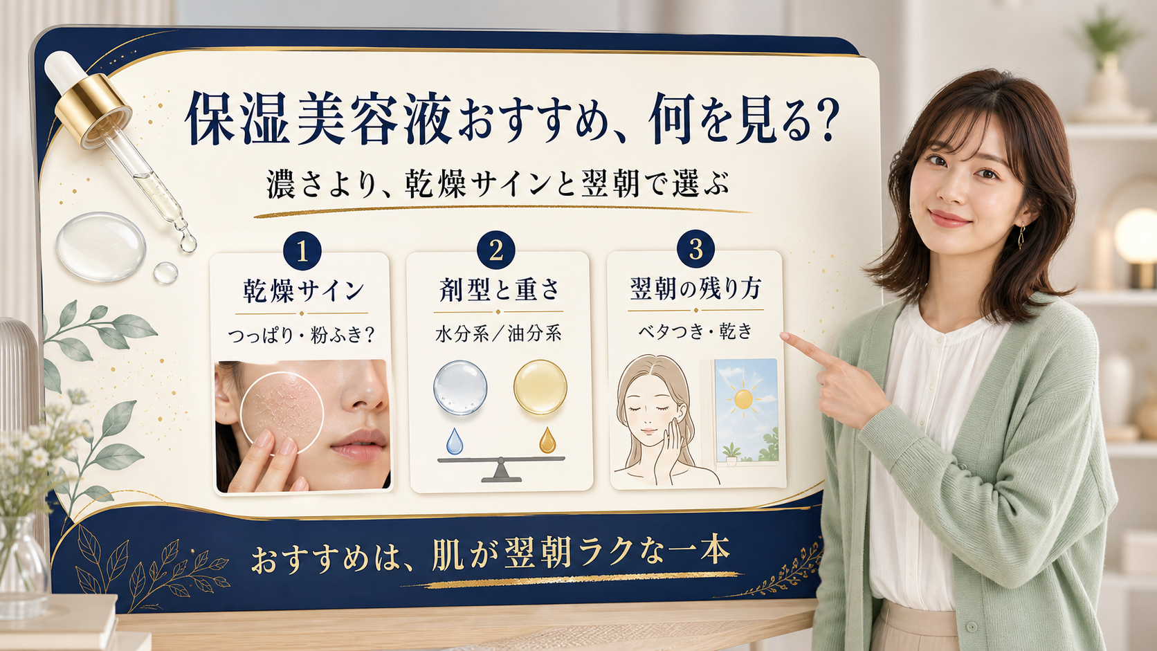 保湿美容液を乾燥の出方と重ね方で選ぶ美容ボード