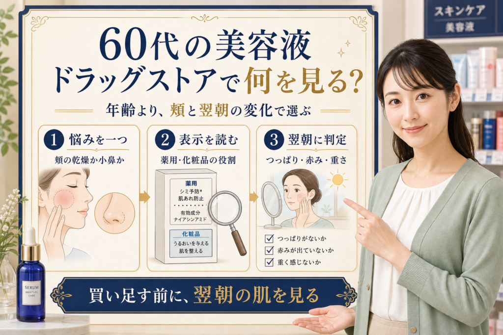 60代の美容液をドラッグストアで選ぶ判断を示す美容ボード