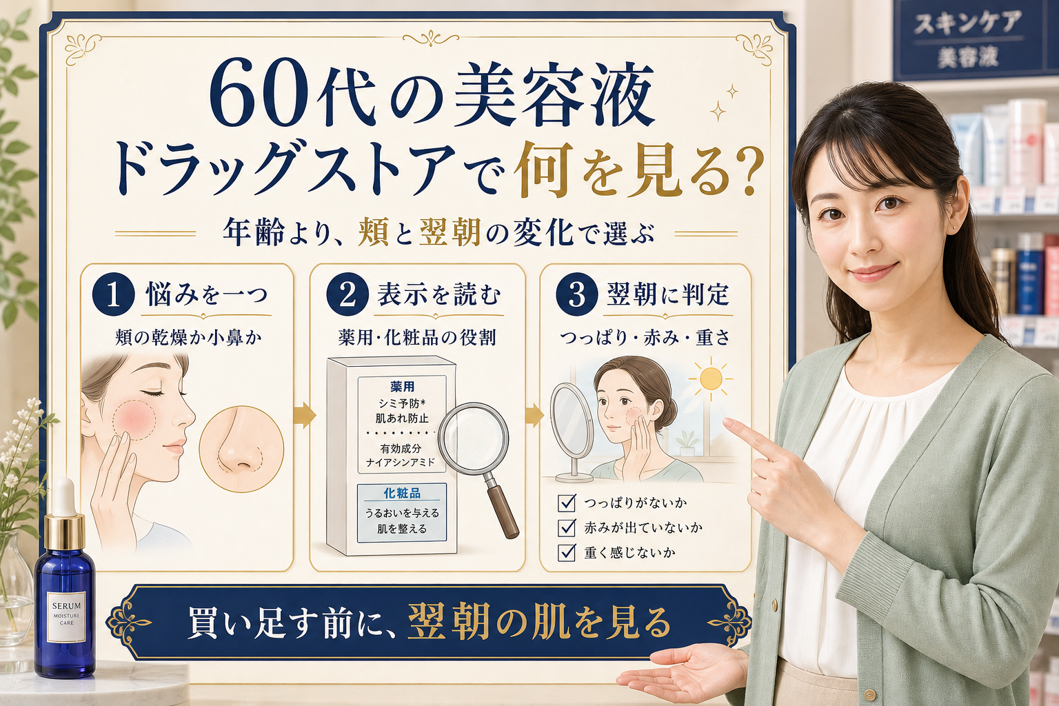 60代の美容液をドラッグストアで選ぶ判断を示す美容ボード