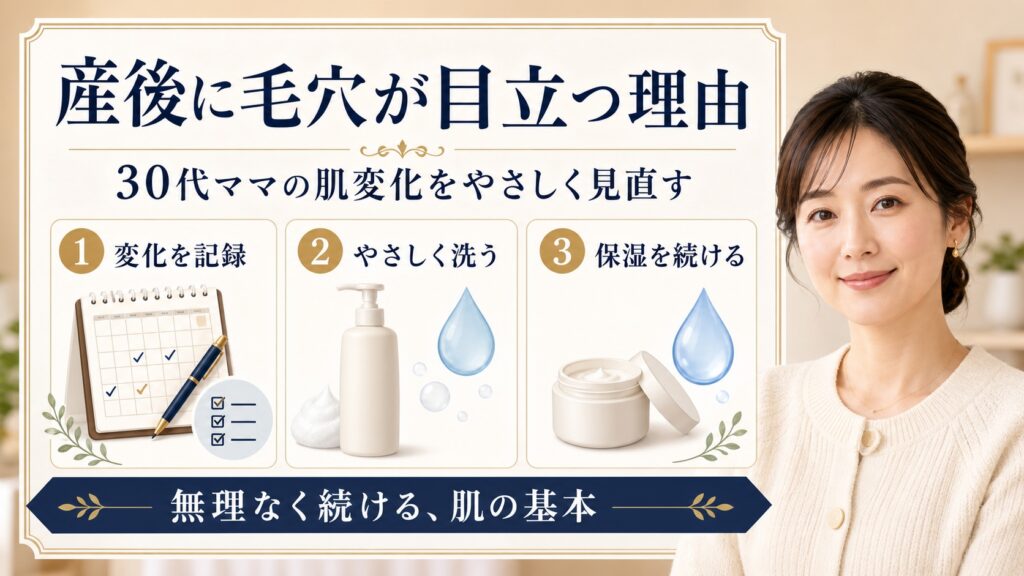 産後に毛穴が目立つ理由を記録、やさしい洗浄、保湿で見直すアイキャッチ