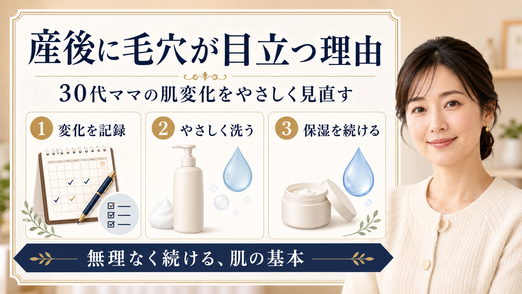 産後に毛穴が目立つ理由を記録、やさしい洗浄、保湿で見直すアイキャッチ