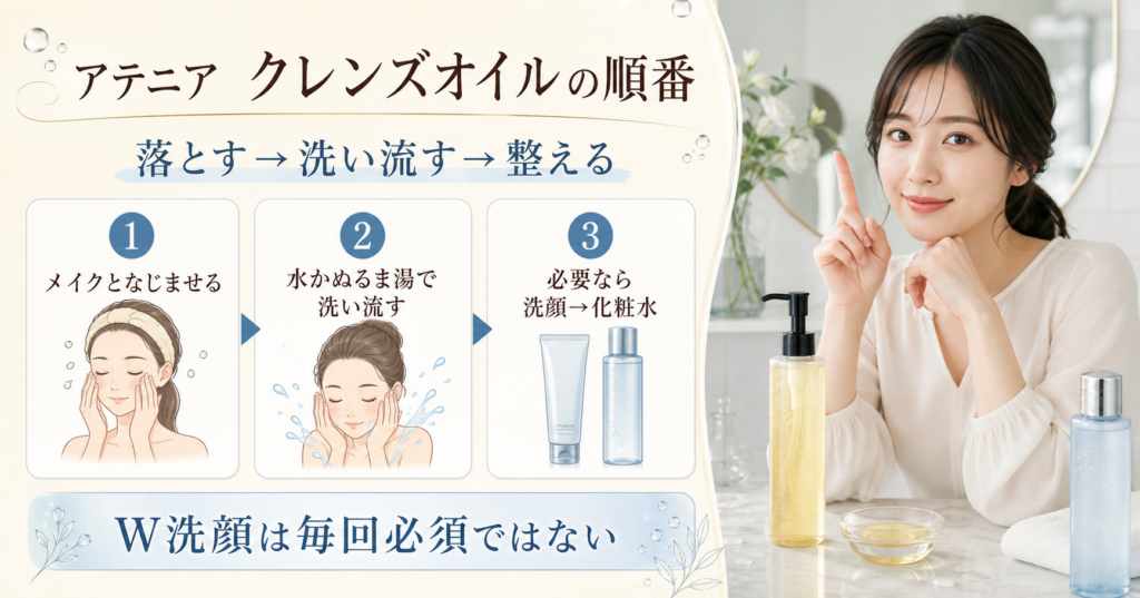 アテニア スキンクリア クレンズ オイルの使う順番を示すビューティーボード