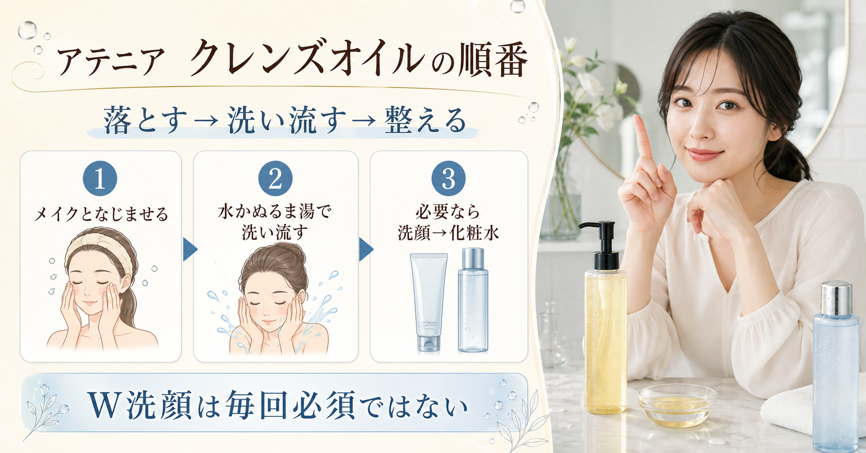 アテニア スキンクリア クレンズ オイルの使う順番を示すビューティーボード