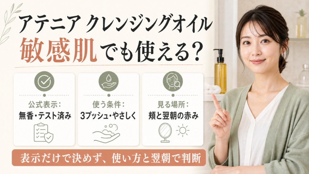 アテニア スキンクリア クレンズ オイルを敏感肌で使うときの確認順を示すビューティーボード