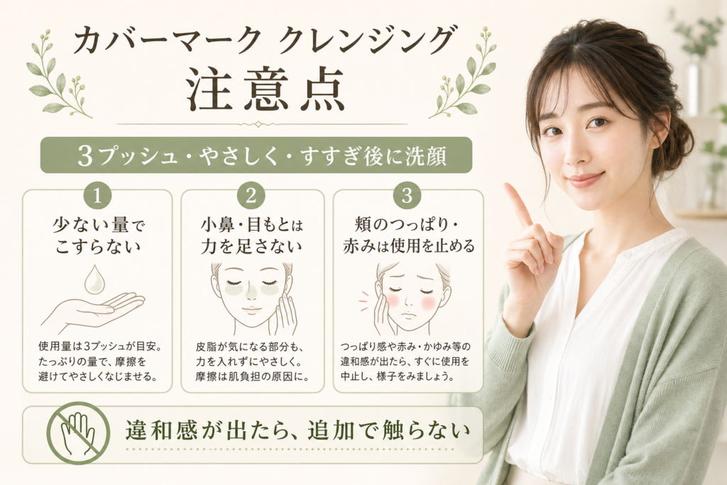 カバーマーク トリートメント クレンジング ミルクの注意点を示すビューティーボード