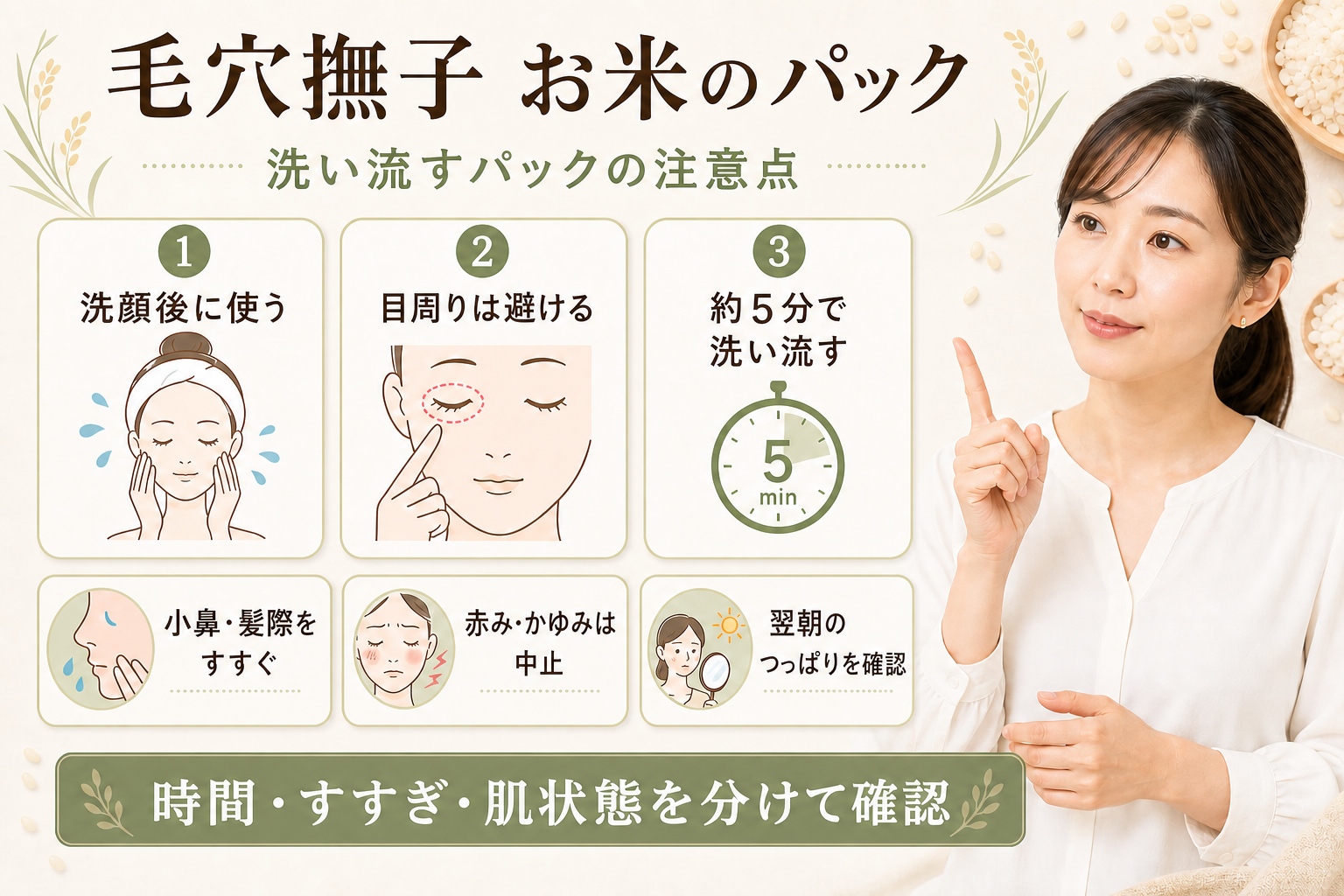 毛穴撫子 お米のパックの時間・すすぎ・肌状態の注意点