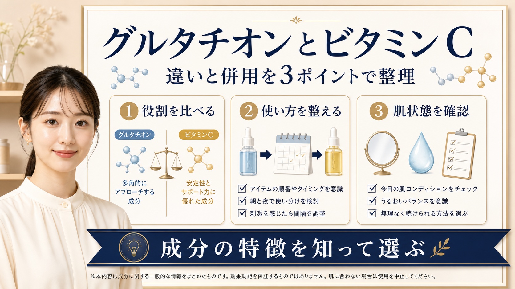グルタチオンとビタミンCの違いと併用を役割、使い方、肌状態で整理するアイキャッチ