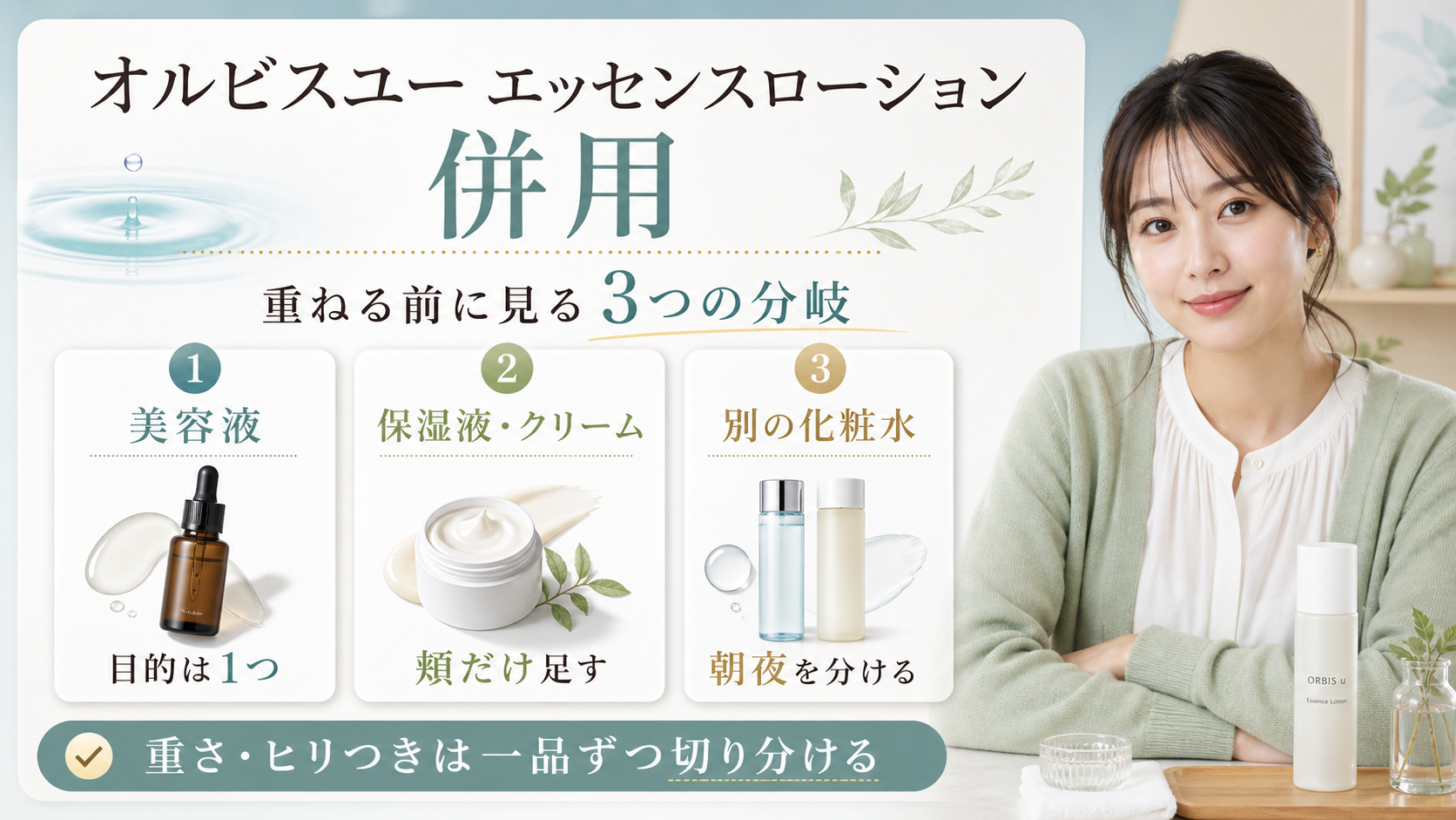 オルビスユー エッセンスローションを他のスキンケアと併用するときの切り分けを示す美容ボード