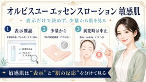 オルビスユー エッセンスローションを敏感肌で使うときの確認ポイントを示す美容ボード