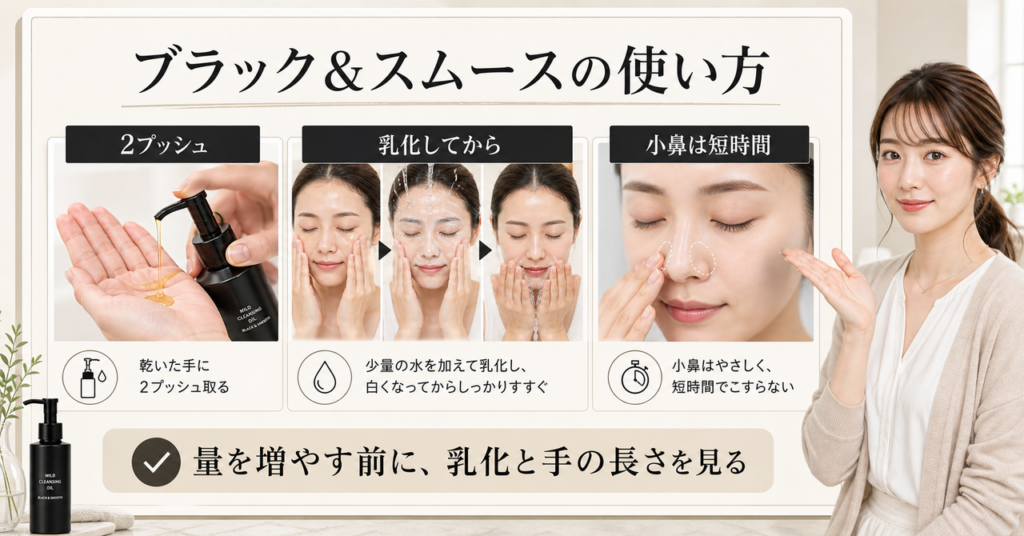 ブラック＆スムースの使い方を2プッシュ、乳化、小鼻の短時間で示すボード