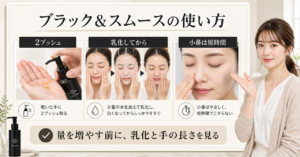ブラック＆スムースの使い方を2プッシュ、乳化、小鼻の短時間で示すボード