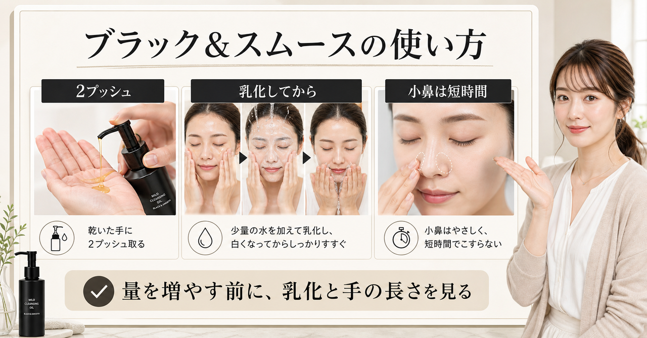 ブラック&スムースの使い方を2プッシュ、乳化、小鼻の短時間で示すボード