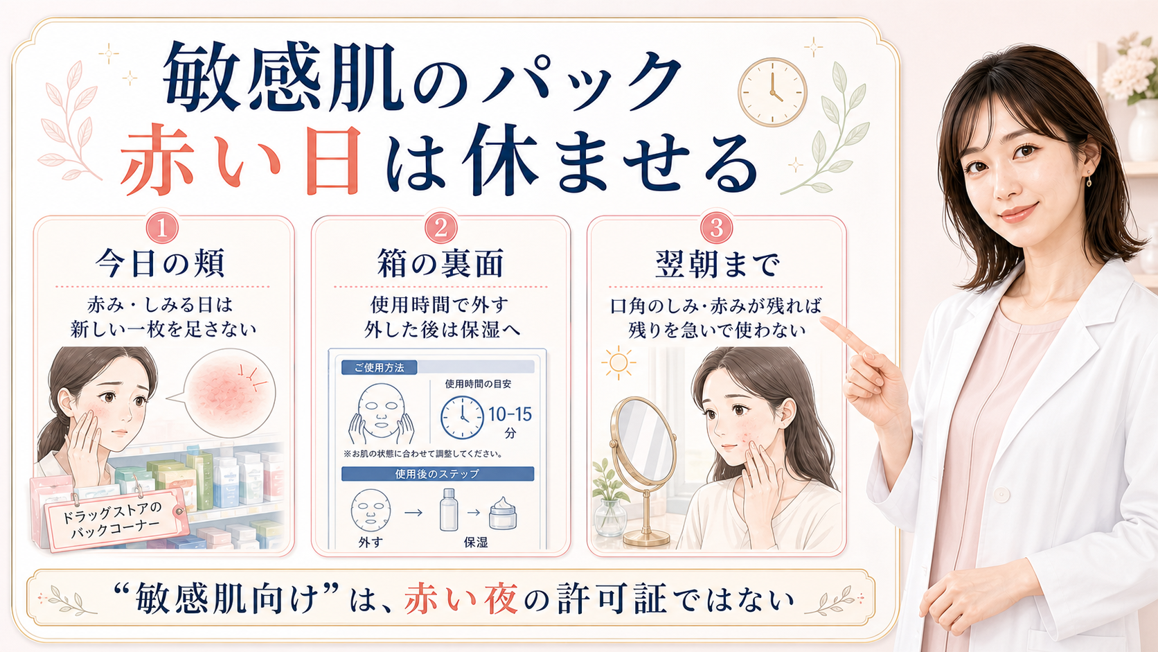敏感肌のパックをドラッグストアで選ぶときの赤みと使用時間と翌朝の確認ポイントを示す美容ボード