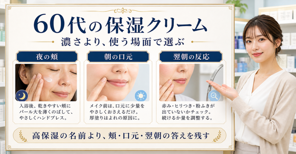 60代の保湿クリームを夜の頬、朝の口元、翌朝の反応で選ぶボード
