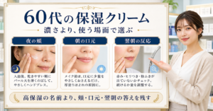 60代の保湿クリームを夜の頬、朝の口元、翌朝の反応で選ぶボード