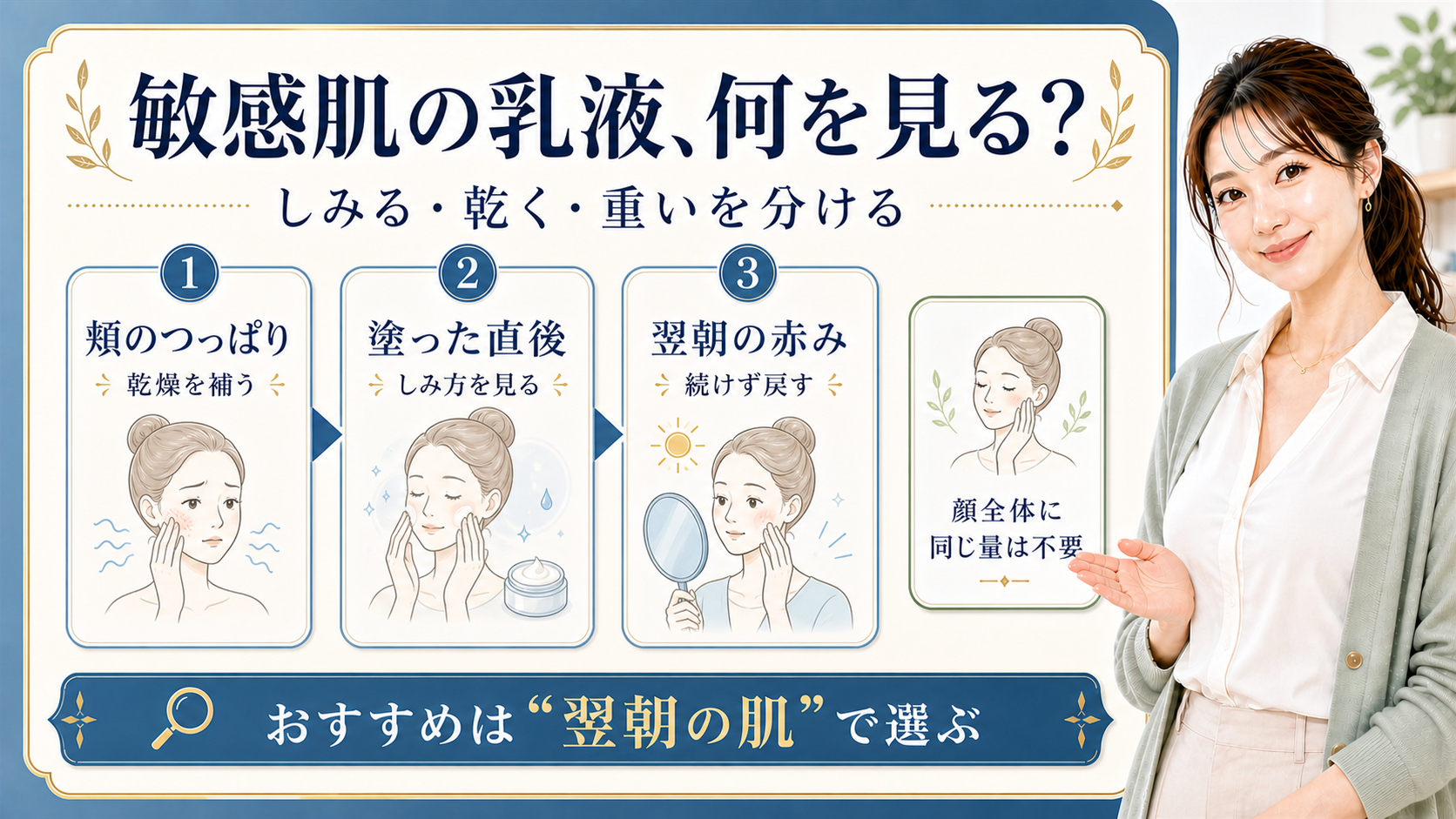 敏感肌の乳液を選ぶときの頬のつっぱりと翌朝の確認を示す美容ボード