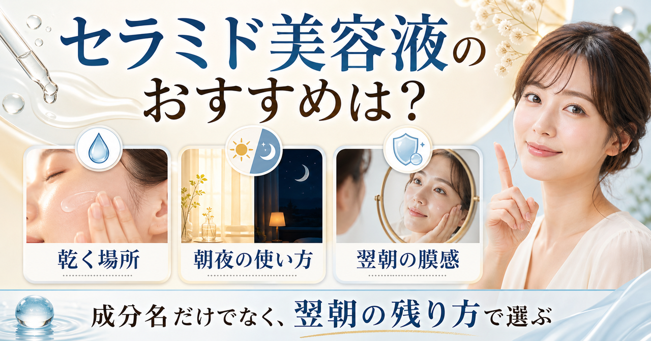 セラミド美容液を乾く場所と朝夜と翌朝の膜感で選ぶ美容ボード