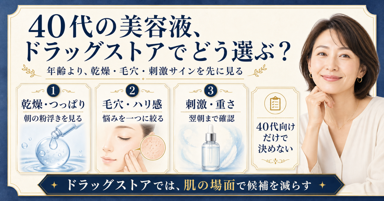 40代の美容液をドラッグストアで肌悩みと翌朝の使用感から選ぶ解説画像