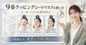9番ラッピングシートマスクの上用・下用・20分の使い方を示す美容解説ボード