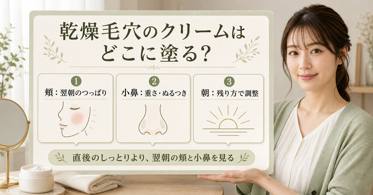 乾燥肌の保湿クリームをつっぱりと毛穴で分ける美容解説ボード