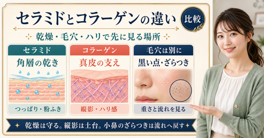 セラミドとコラーゲンの違いを角層・真皮・毛穴で分ける美容解説ボード