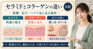 セラミドとコラーゲンの違いを角層・真皮・毛穴で分ける美容解説ボード